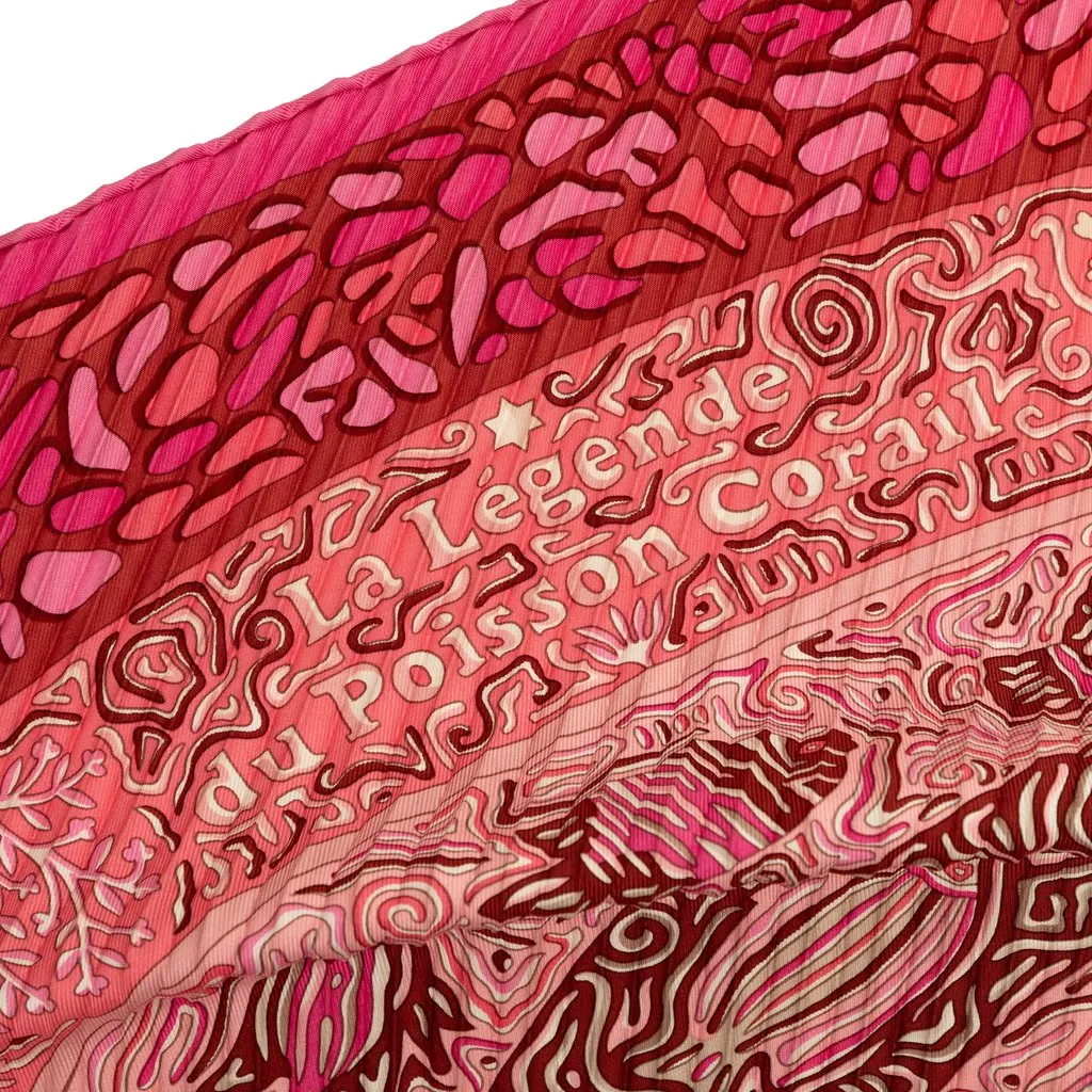 Hermès La Legende Du Poisson Corail Pleated Silk Scarf Pink Never worn - Inside View