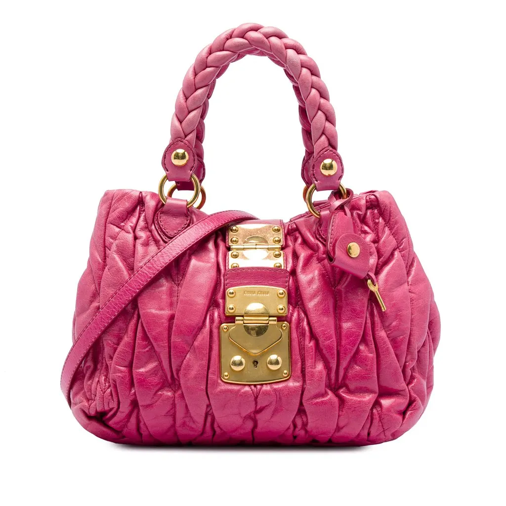 Miu Miu Matelasse Lambskin Coffer Satchel Pink Leather Good - Front View