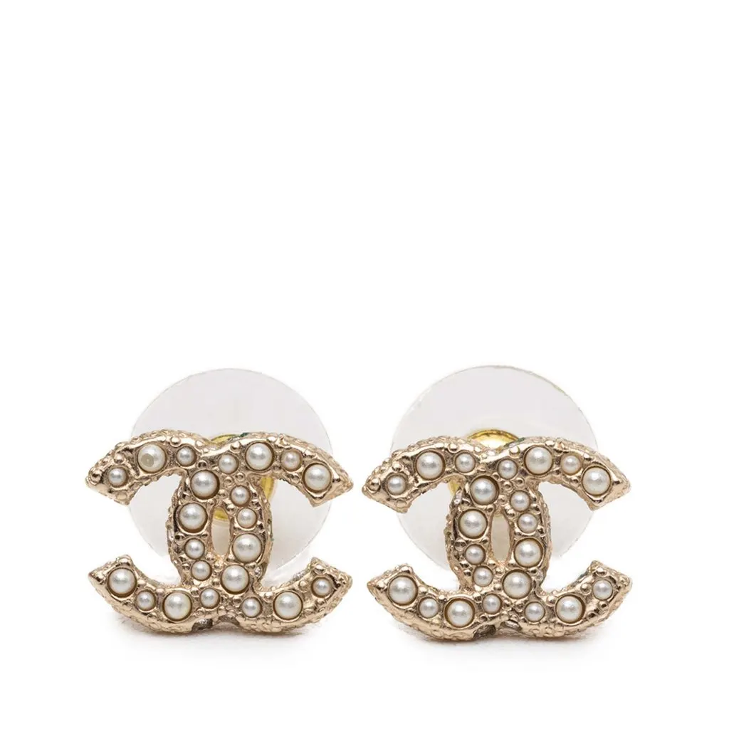 Chanel CC Gold Plated Faux Pearl Strass Bullet Backs Earrings Gold Metal Very good - Front View