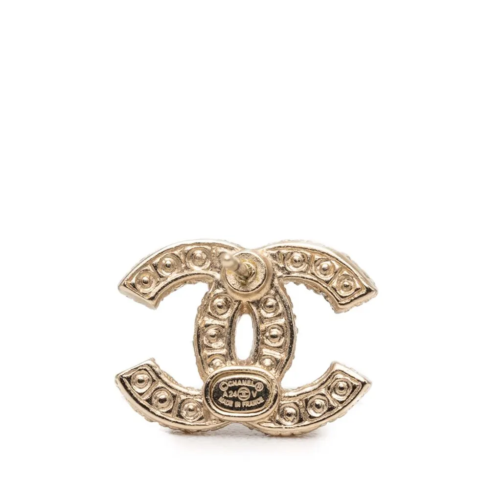 Chanel CC Gold Plated Faux Pearl Strass Bullet Backs Earrings Gold Metal Very good - Inside View