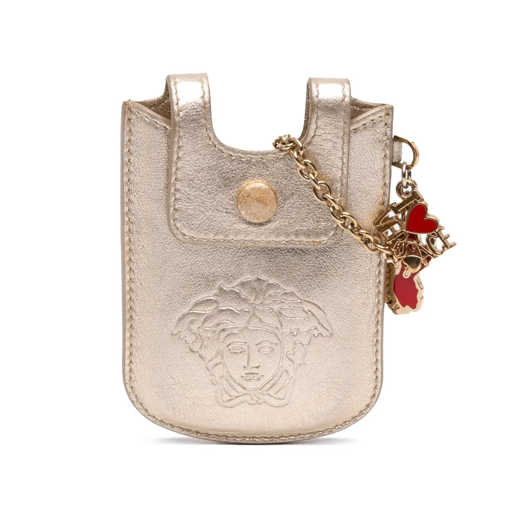 Versace Metallic Leather La Medusa Chain Lipstick Holder Gold Leather Good - Front View