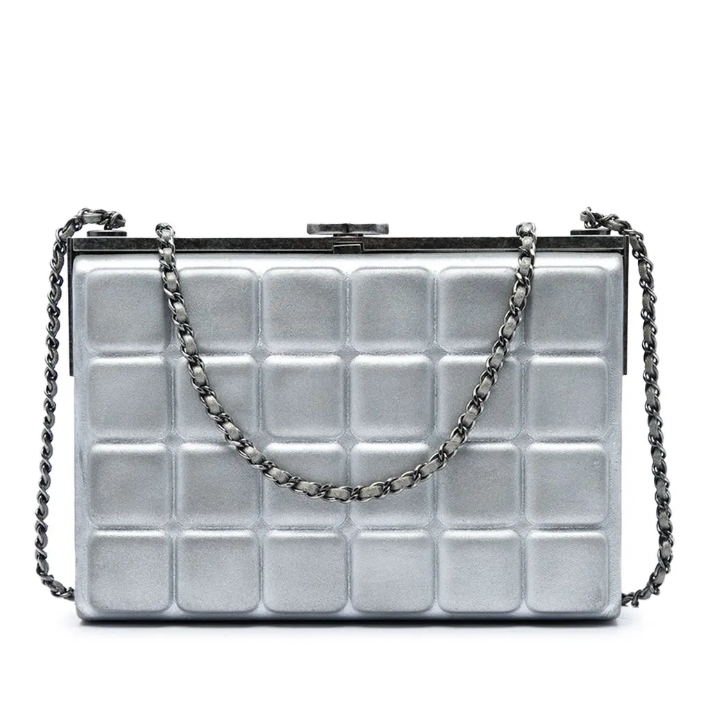 Chanel Chocolate Bar Metallic Lambskin Frame Clutch with Chain Silver Leather Very good - Front View