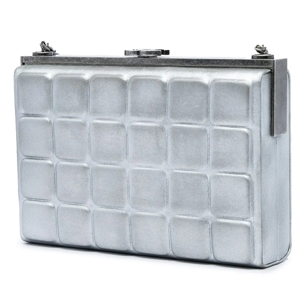 Chanel Chocolate Bar Metallic Lambskin Frame Clutch with Chain Silver Leather Very good - Back View