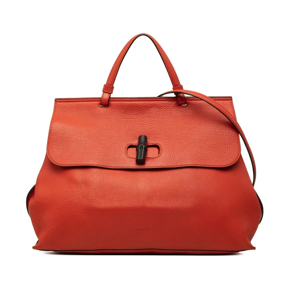 Gucci Large Calfskin Bamboo Daily Satchel Orange Leather Good - Front View