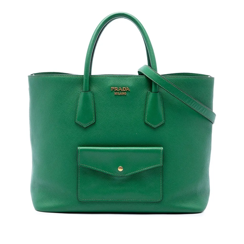 Prada Saffiano Cuir Front Pocket Convertible Tote Green Leather Good - Front View