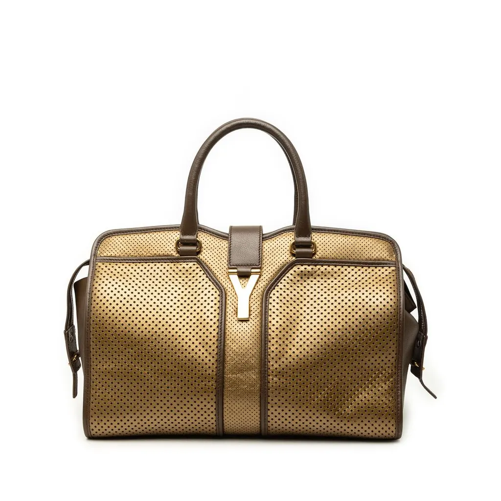 Saint Laurent Medium Perforated Metallic Leather Cabas Chyc Tote Gold Leather Very good - Front View