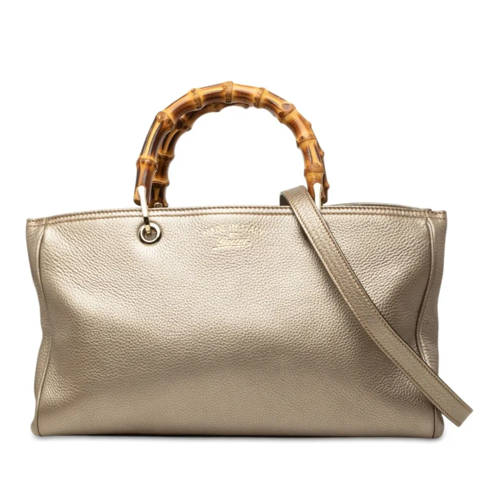 Gucci Medium Calfskin Bamboo Shopper Satchel Gold Leather Good - Front View