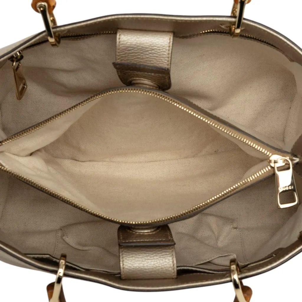 Gucci Medium Calfskin Bamboo Shopper Satchel Gold Leather Good - Model View