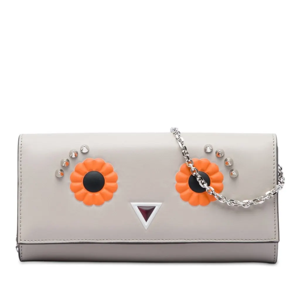 Fendi Leather Studded Faces Wallet on Chain Beige Leather Very good - Front View
