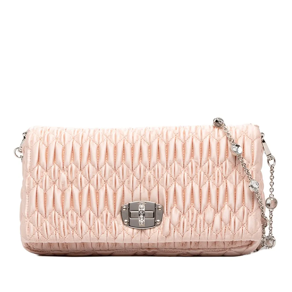 Miu Miu Matelasse Satin Crystal Chain Satchel Pink Satin Good - Front View