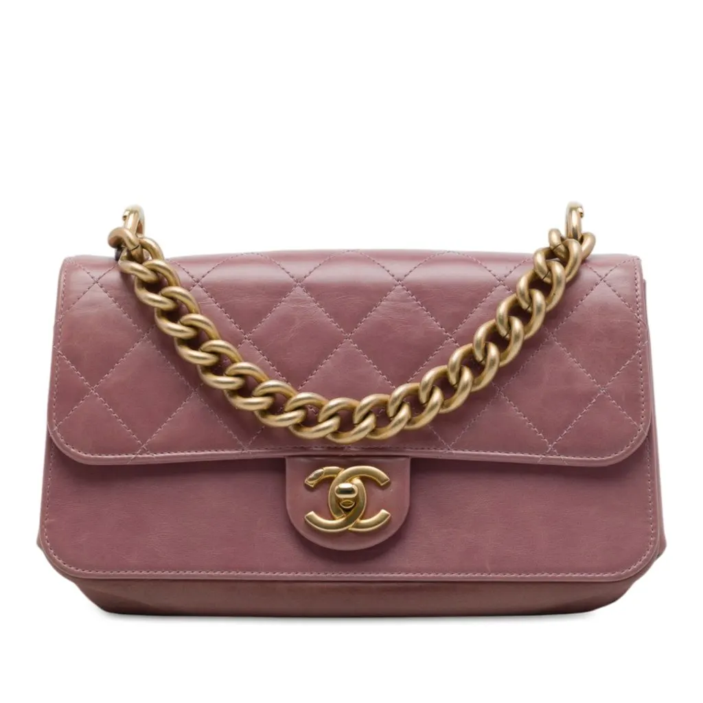 Chanel Paris Cosmopolite Small Aged Calfskin Straight Lined Flap Pink Leather Very good - Front View