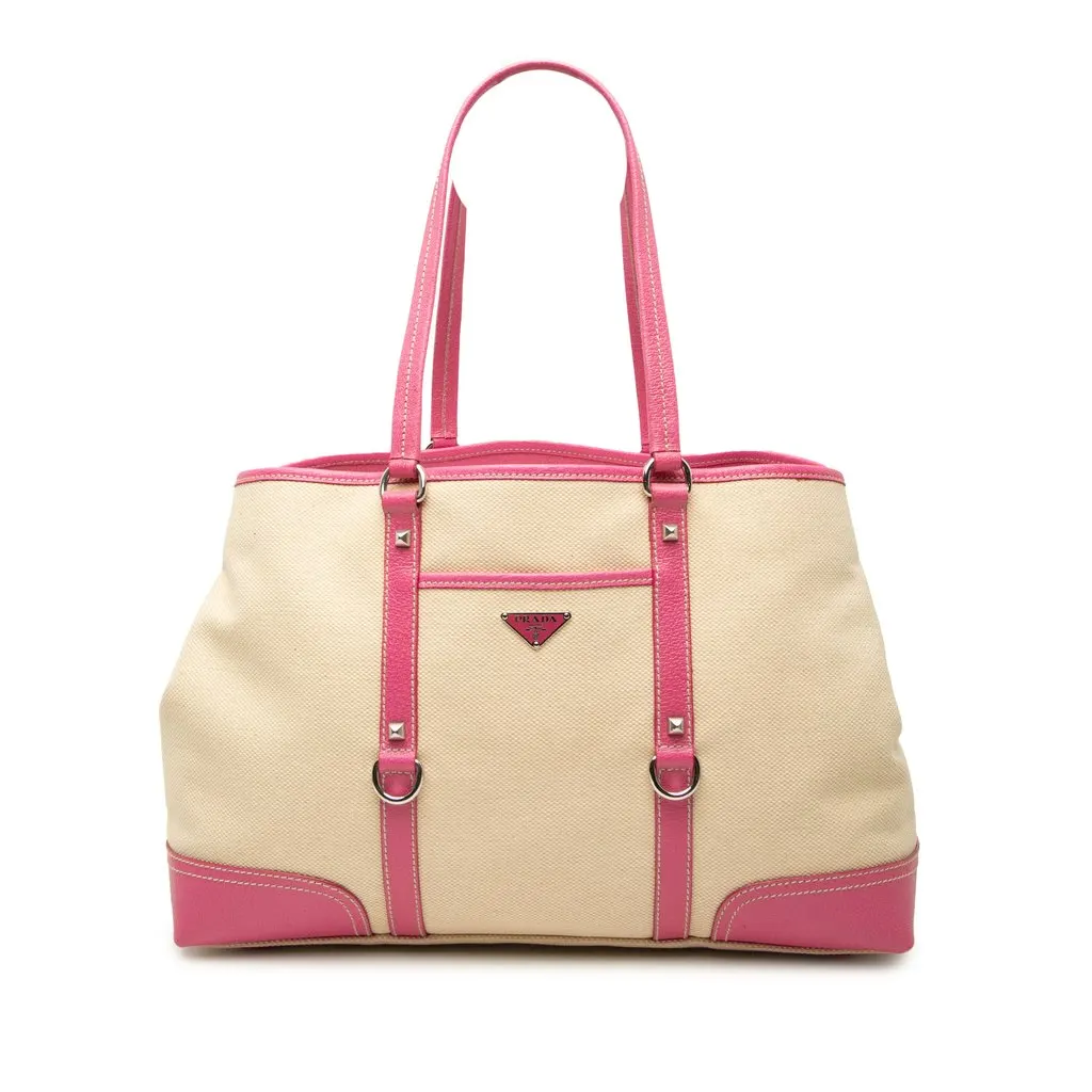 Prada Studded Leather Trimmed Canvas Front Pocket Tote Beige Canvas Very good - Front View