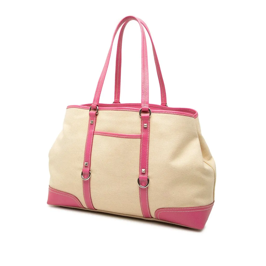 Prada Studded Leather Trimmed Canvas Front Pocket Tote Beige Canvas Very good - Back View