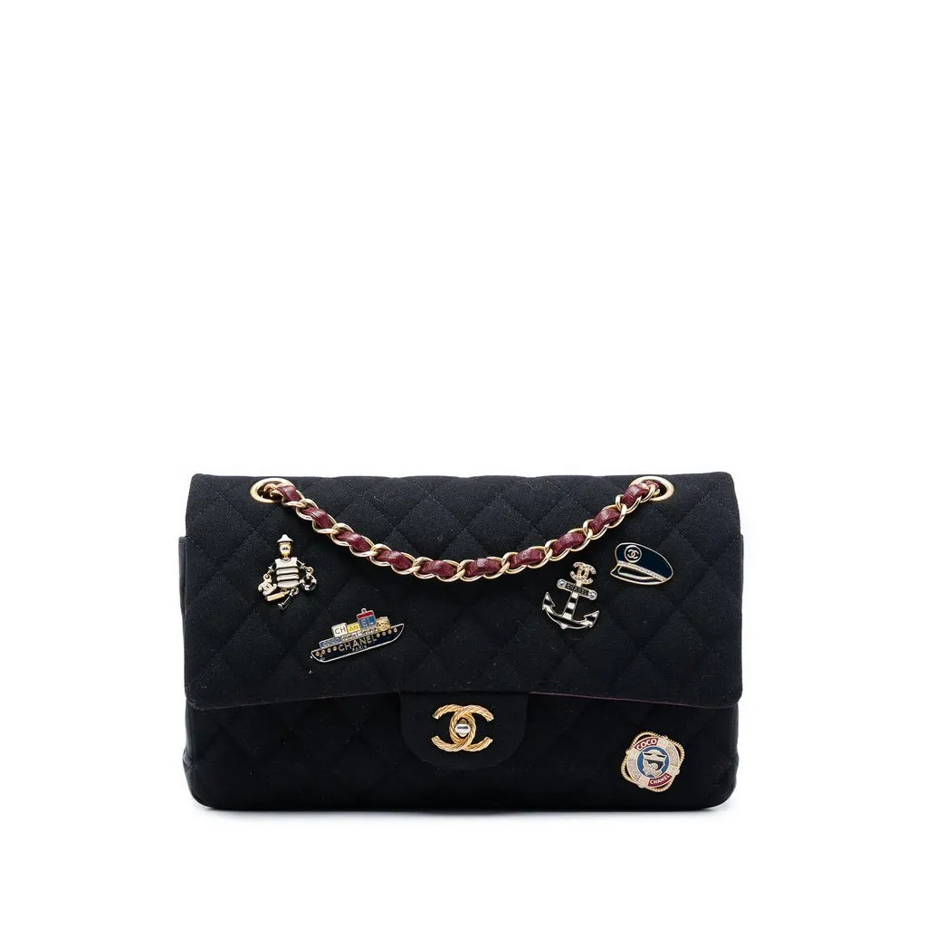 Chanel Paris Hamburg Medium Classic Jersey Coco Sailor Charms Double Flap Black Very good - Front View