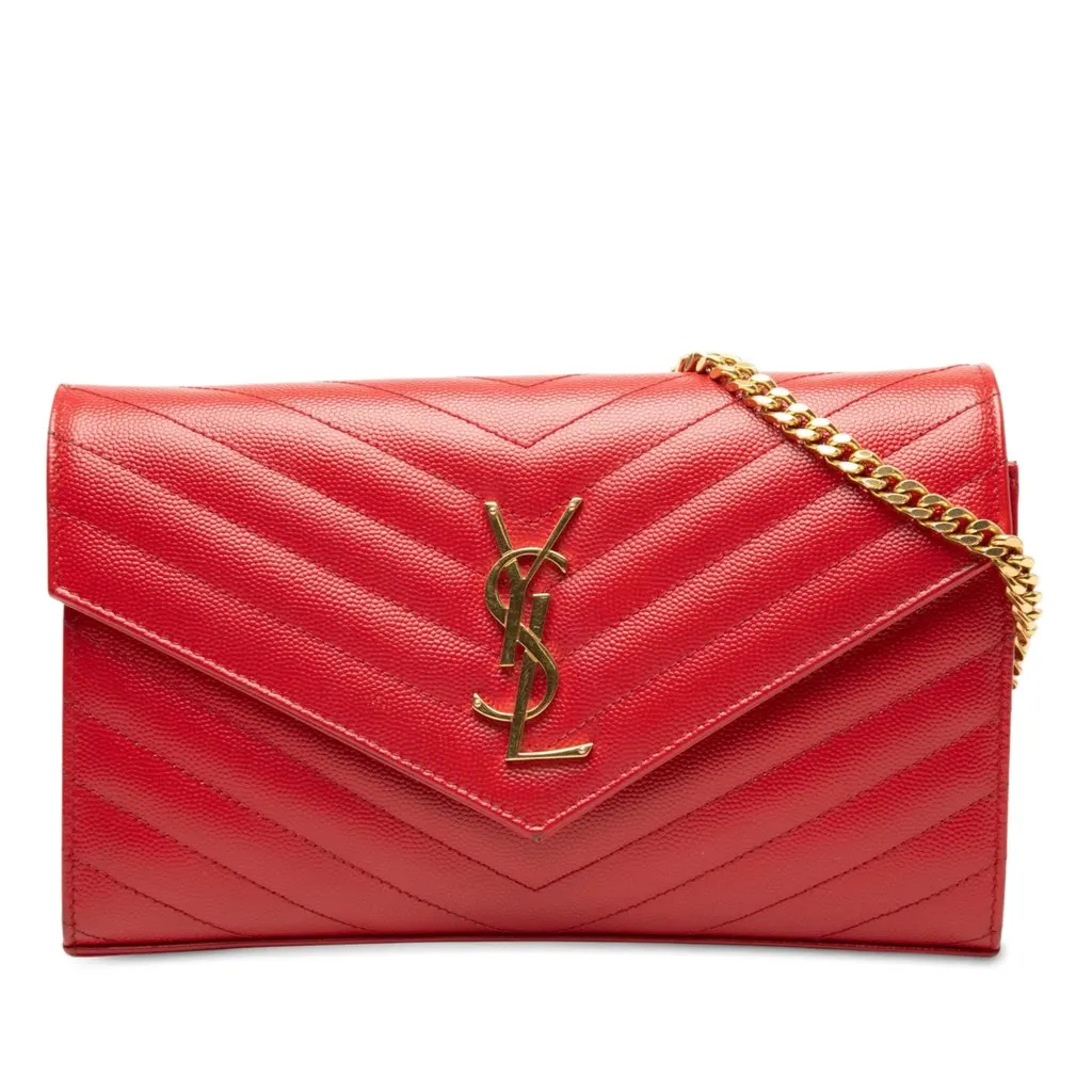 Saint Laurent Grain De Poudre Chevron Monogram Envelope Wallet on Chain Red Leather Very good - Front View