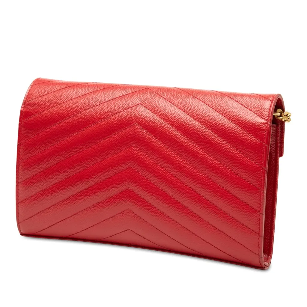 Saint Laurent Grain De Poudre Chevron Monogram Envelope Wallet on Chain Red Leather Very good - Back View