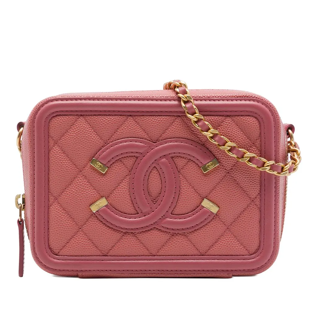 Chanel Caviar CC Filigree Vanity Clutch with Chain Pink Leather Very good - Front View