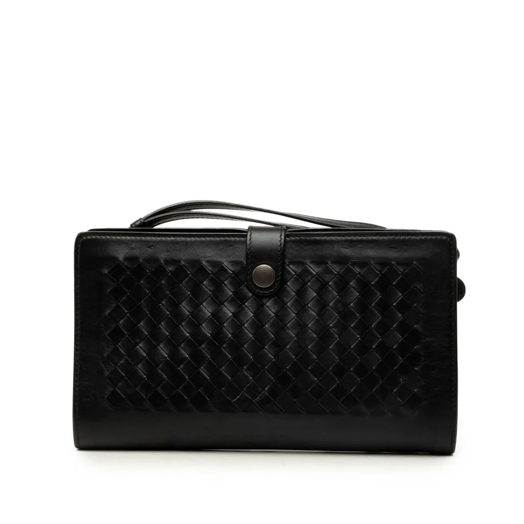 Bottega Veneta Intrecciato Trimmed Nappa Clutch Black Leather Good - Front View