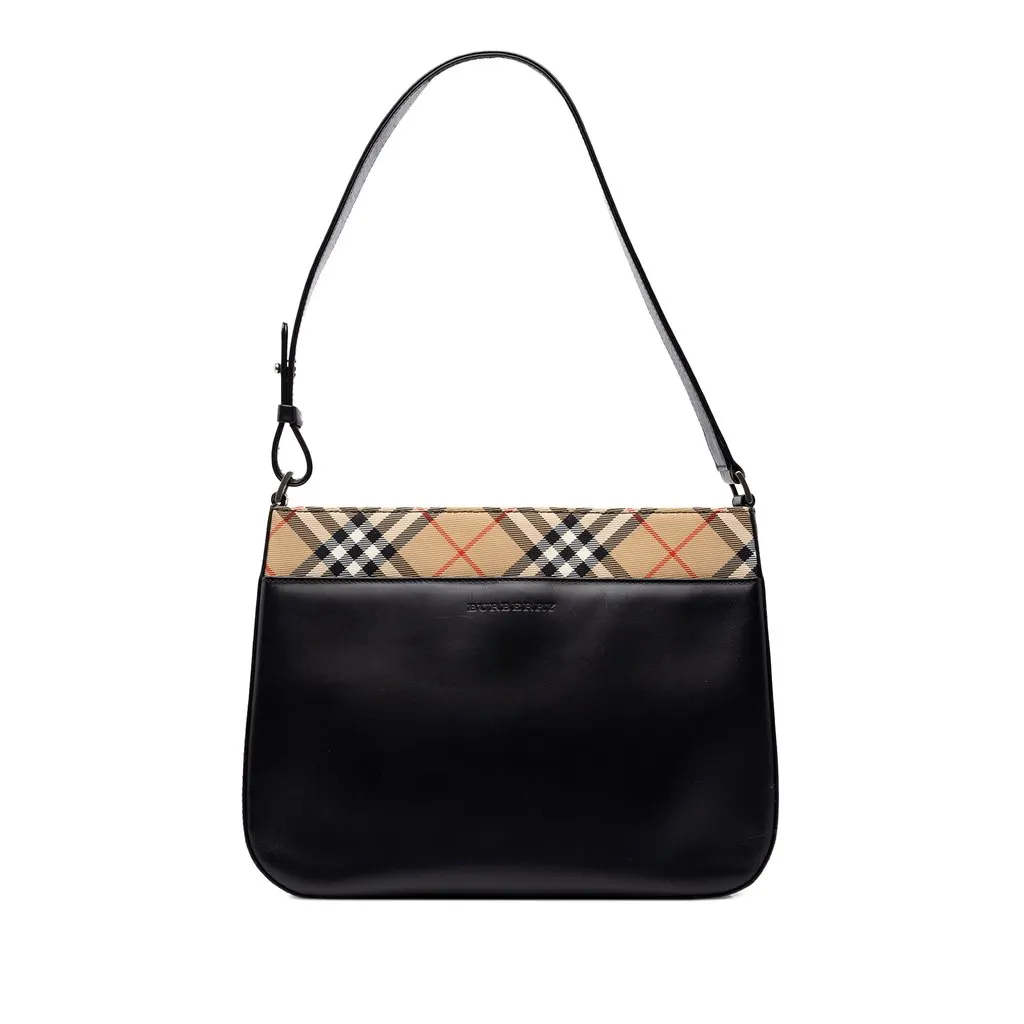 Burberry Nova Check Canvas Trimmed Leather Shoulder Bag Black Leather Good - Front View