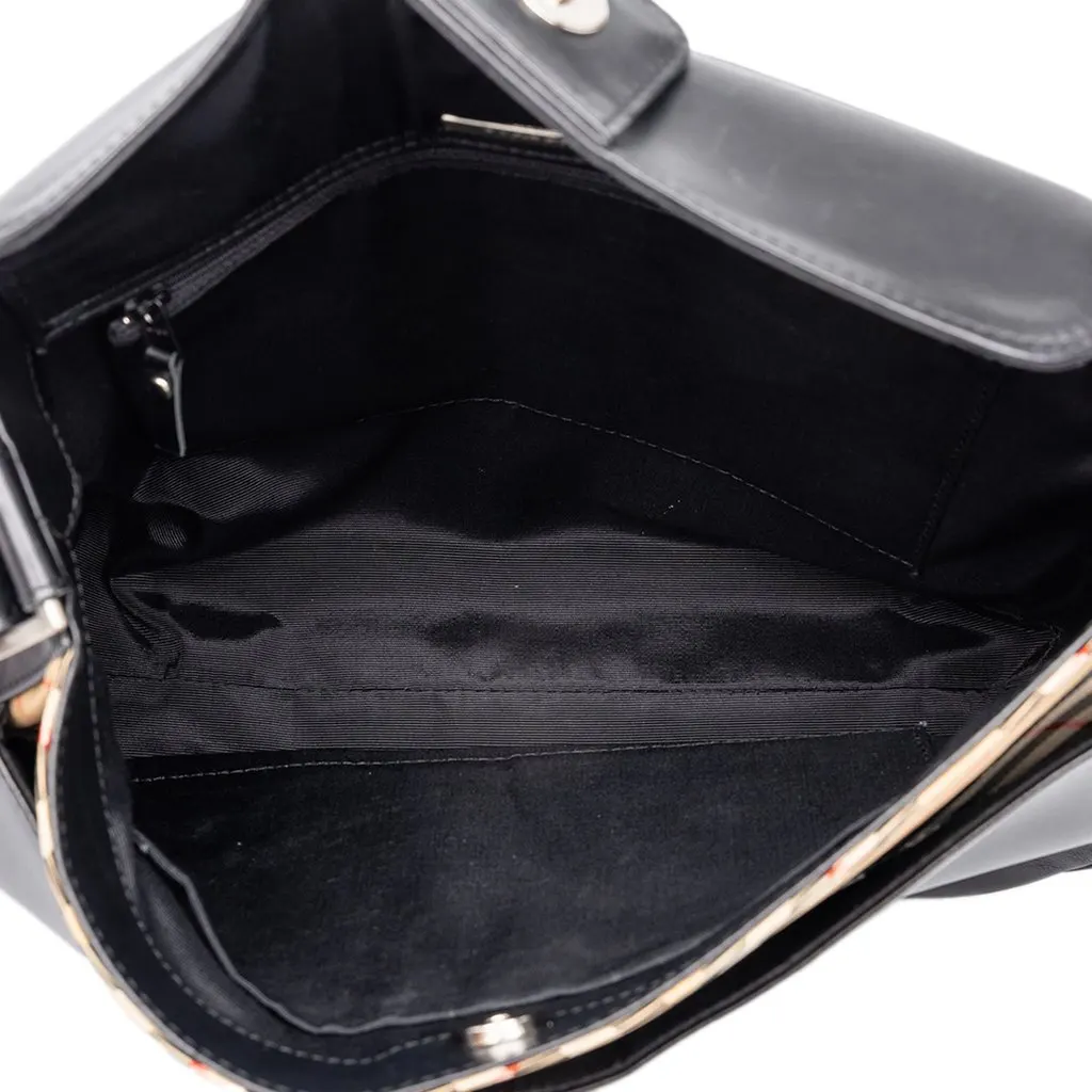 Burberry Nova Check Canvas Trimmed Leather Shoulder Bag Black Leather Good - Model View