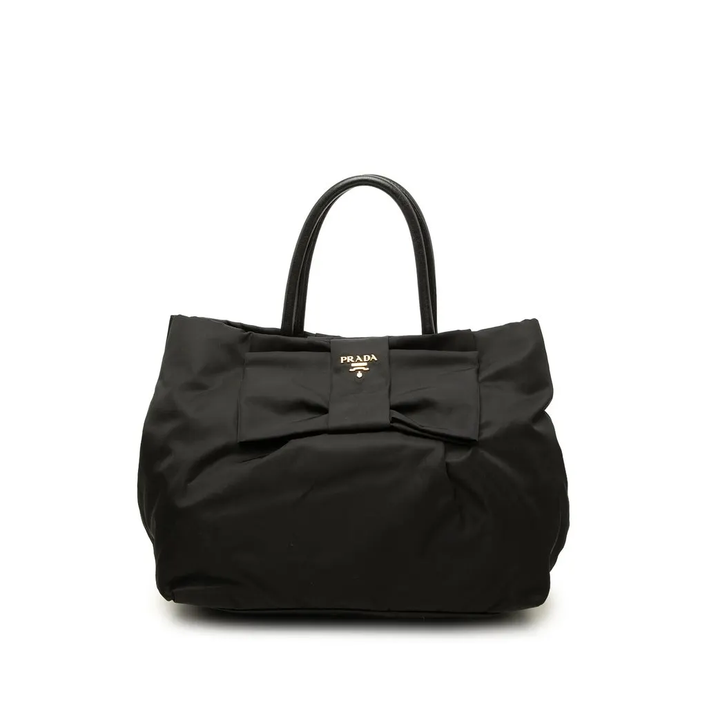 Prada Tessuto Fiocco Bow Handbag Black Polyamide Good - Front View