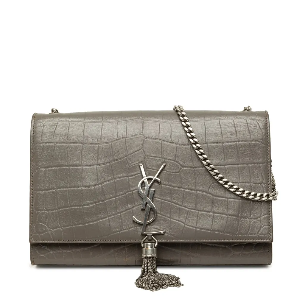 Saint Laurent Medium Croc Embossed Leather Monogram Kate Tassel Crossbody