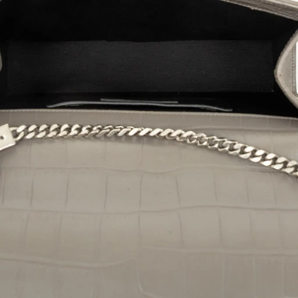 Saint Laurent Medium Croc Embossed Leather Monogram Kate Tassel Crossbody Grey Leather Good - Model View