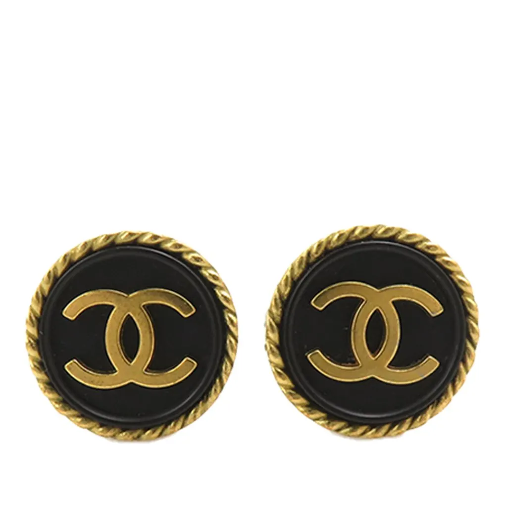 Chanel CC Gold Plated and Enamel Round Clip On Earrings Black Enamel Very good - Front View