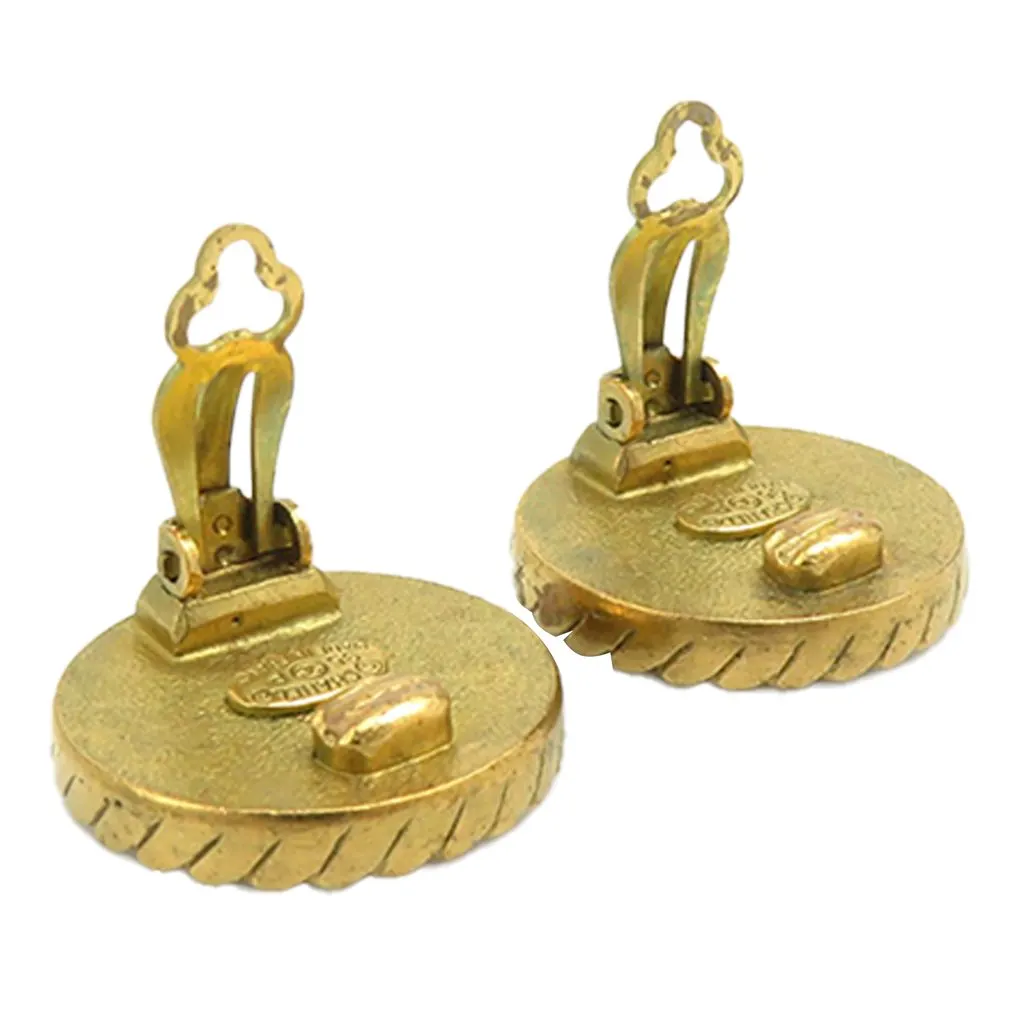 Chanel CC Gold Plated and Enamel Round Clip On Earrings Black Enamel Very good - Inside View