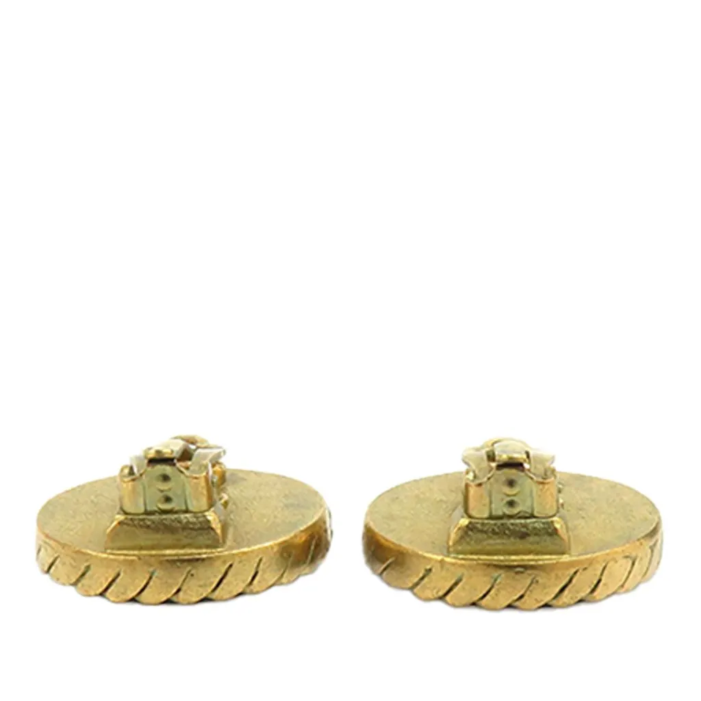 Chanel CC Gold Plated and Enamel Round Clip On Earrings Black Enamel Very good - Model View