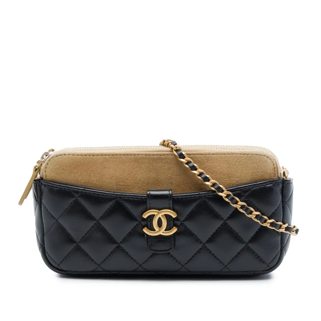 Chanel CC Quilted Lambskin and Suede Double Zip Phone Holder With Chain Black Leather Very good - Front View