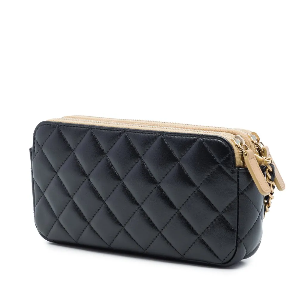 Chanel CC Quilted Lambskin and Suede Double Zip Phone Holder With Chain Black Leather Very good - Back View