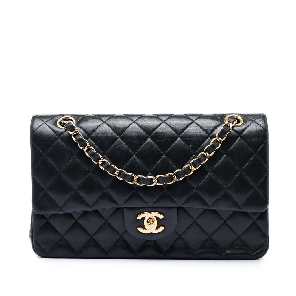 Chanel Medium Classic Lambskin Double Flap Black Leather Very good - Front View