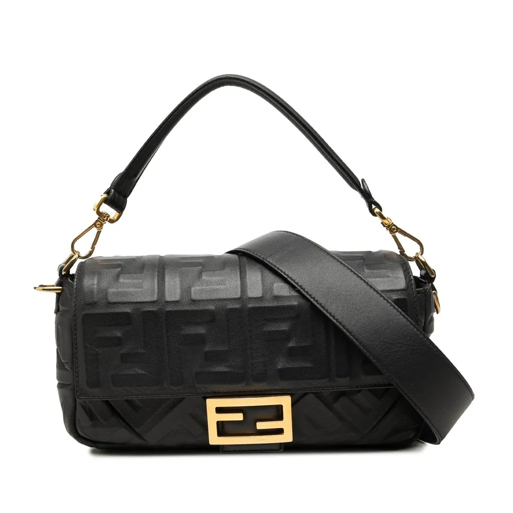 Fendi Zucca Embossed Leather Baguette Satchel Black Leather Good - Front View