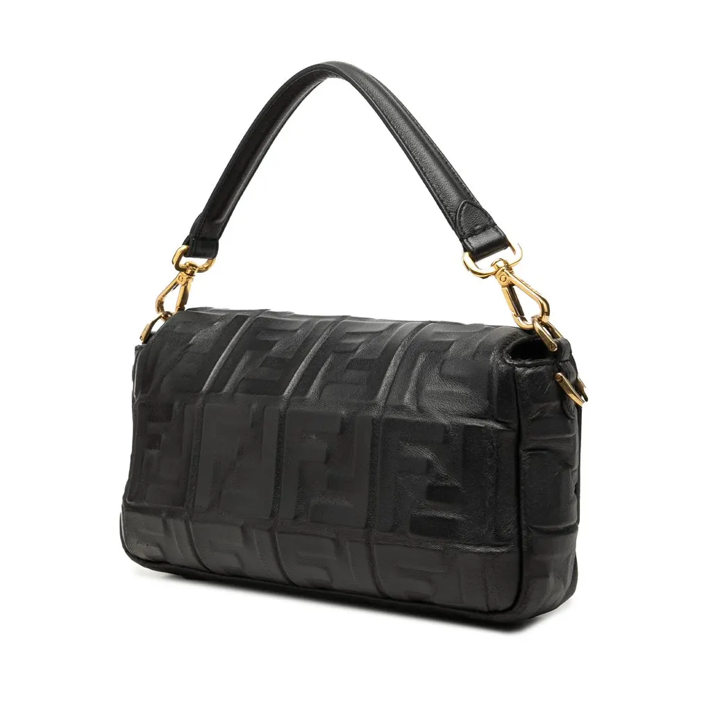 Fendi Zucca Embossed Leather Baguette Satchel Black Leather Good - Back View