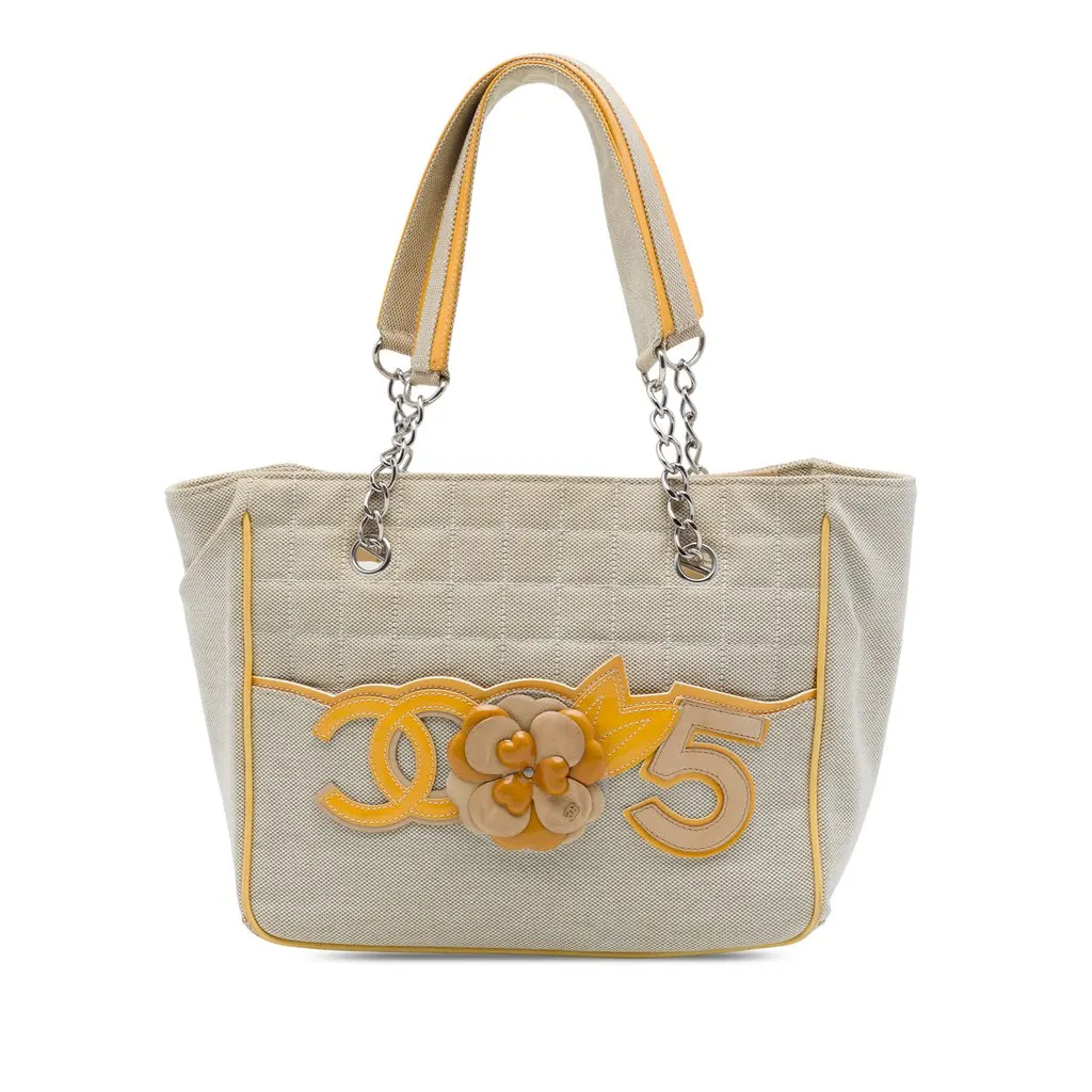 Chanel CC Chocolate Bar Canvas Camellia No. 5 Tote Beige Very good - Front View