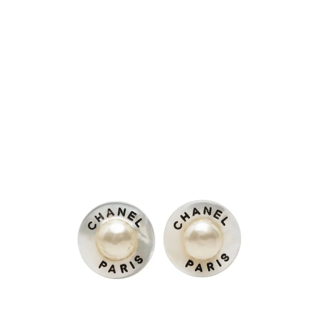 Chanel CC Resin Faux Pearl Round Clip On Earrings White Plastic Very good - Front View