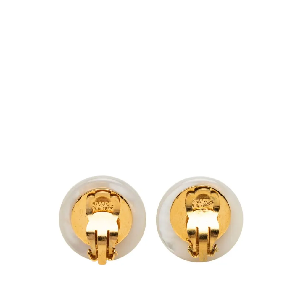 Chanel CC Resin Faux Pearl Round Clip On Earrings White Plastic Very good - Back View