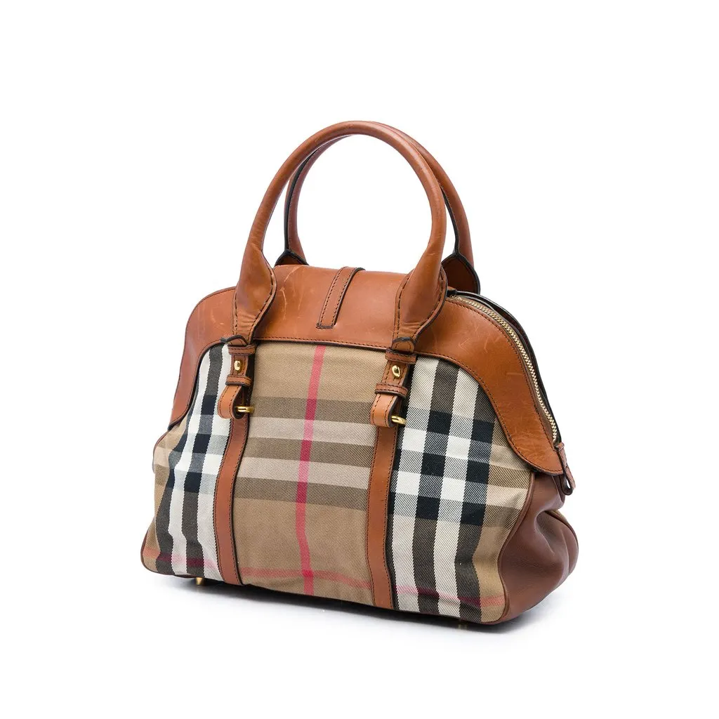 Burberry Medium House Check Canvas and Leather Milverton Satchel Brown Canvas Good - Back View