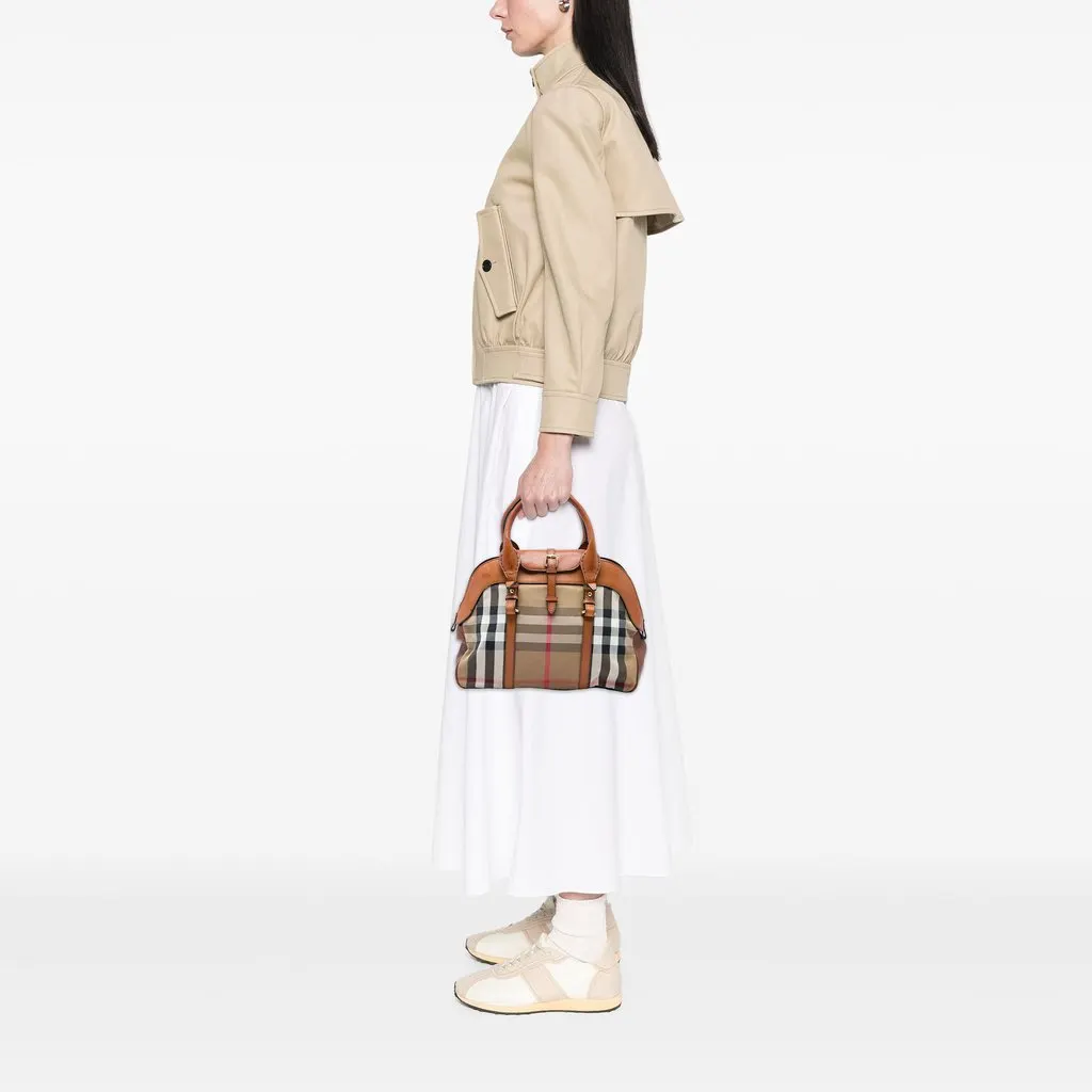 Burberry Medium House Check Canvas and Leather Milverton Satchel Brown Canvas Good - Box View