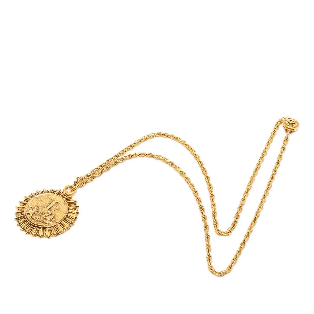 Chanel Gold Plated Medallion Coat of Arms Sunburst Pendant Necklace Gold Metal Very good - Front View