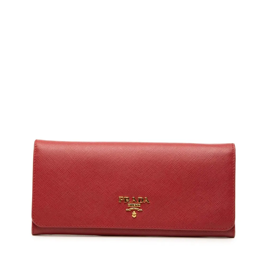 Prada Saffiano Continental Long Wallet Red Leather Very good - Front View