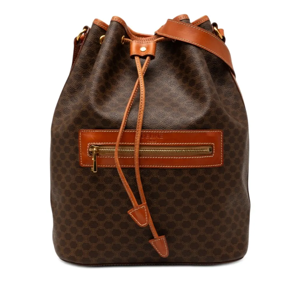 Celine Macadam Coated Canvas Drawstring Bucket Bag Brown Very good - Front View
