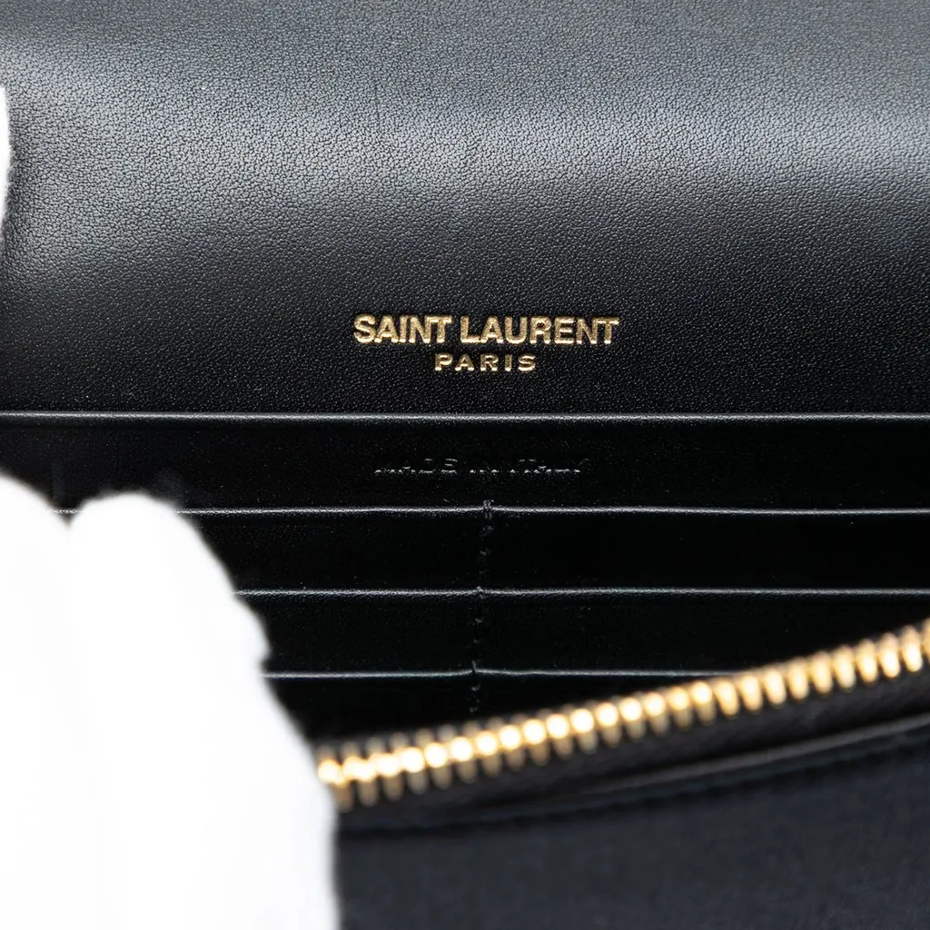Saint Laurent Embroidered Satin Monogram Kate Tassel Wallet on Chain Black Satin Very good - Box View