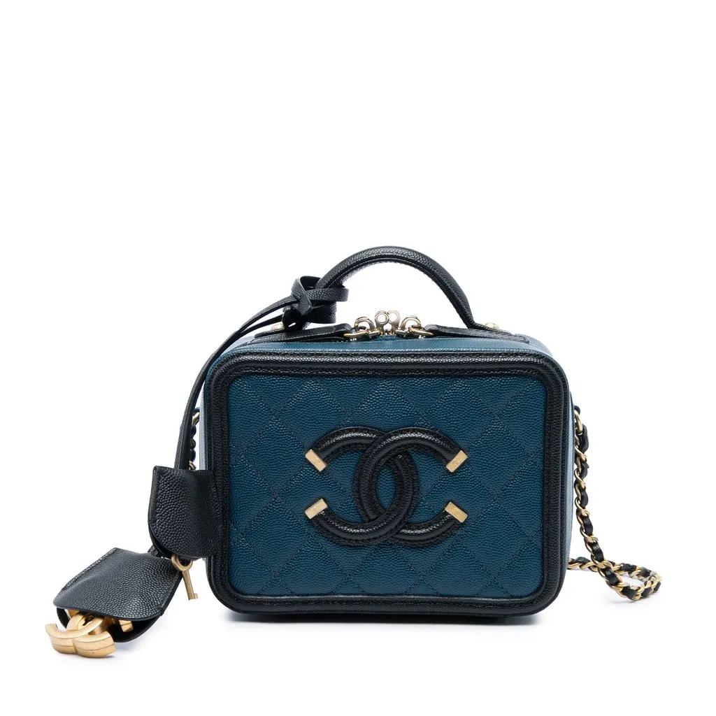Chanel Small Bicolor Caviar CC Filigree Vanity Case Blue Leather Good - Front View