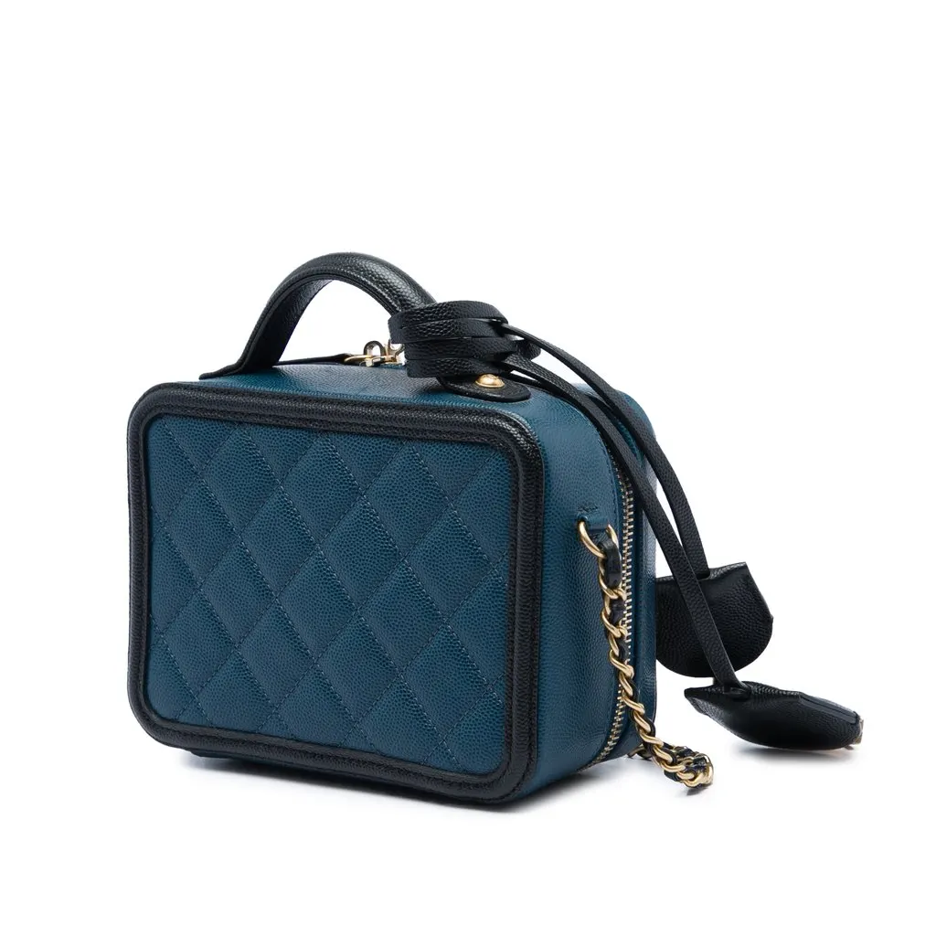 Chanel Small Bicolor Caviar CC Filigree Vanity Case Blue Leather Good - Back View