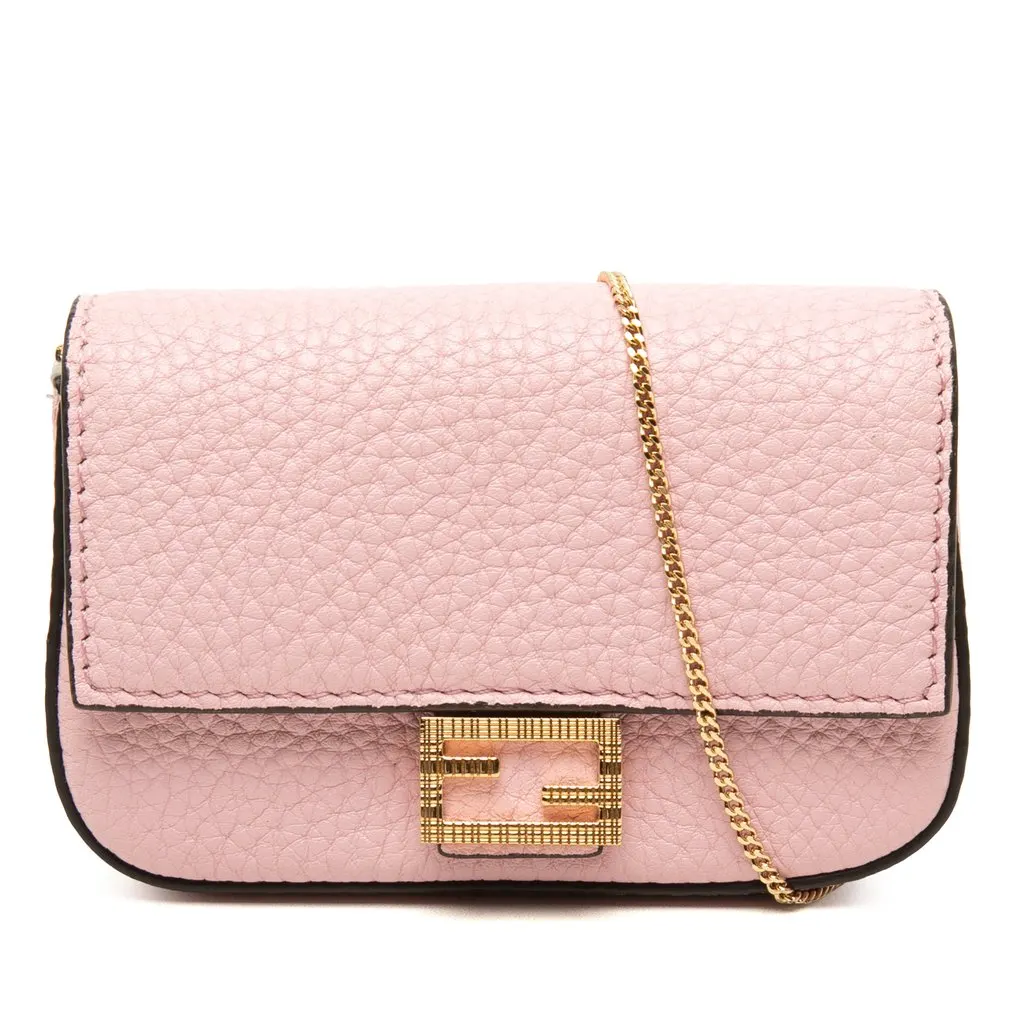 Fendi Nano Grained Leather Baguette Charm Crossbody Pink Leather Good - Front View