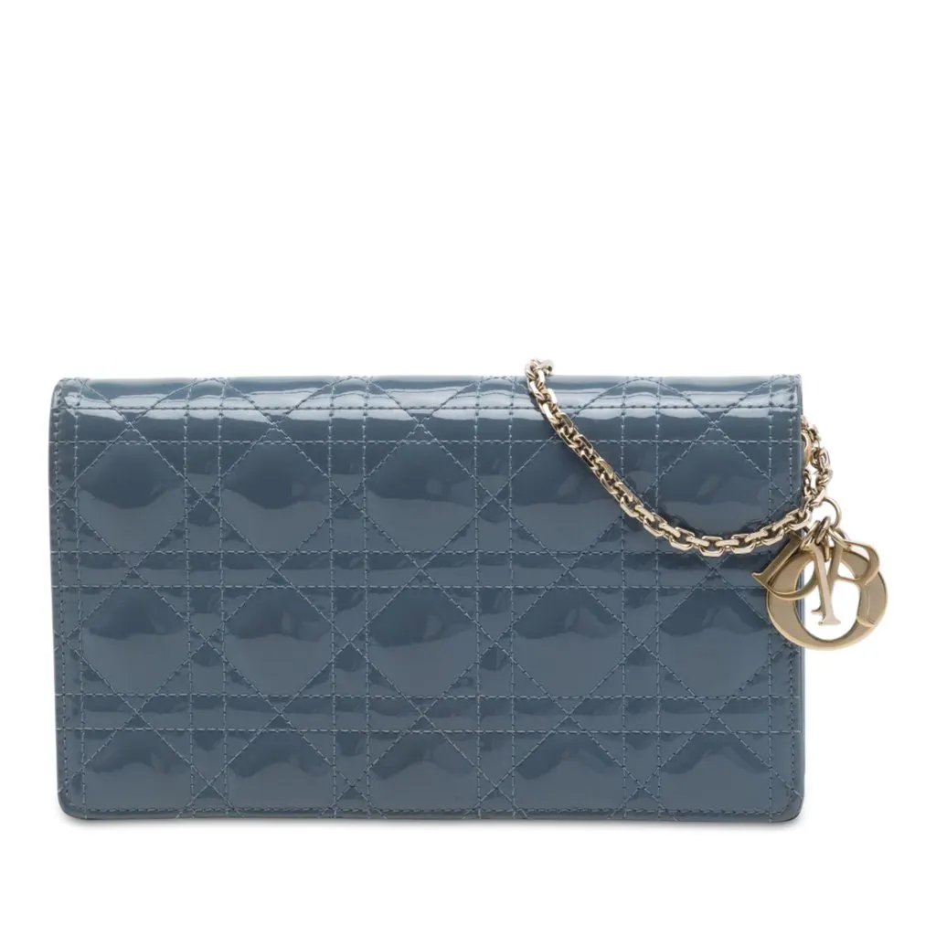 Dior Patent Cannage Lady Dior Pouch with Chain Blue Leather Very good - Front View