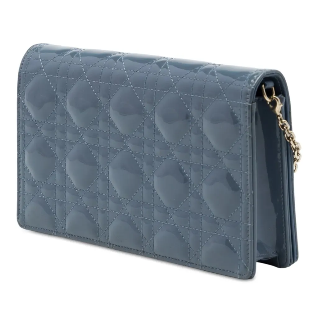 Dior Patent Cannage Lady Dior Pouch with Chain Blue Leather Very good - Back View