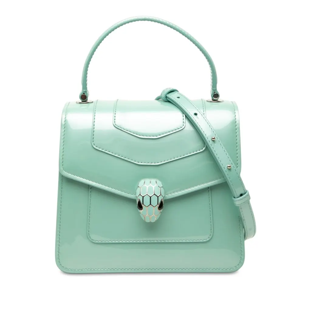 Bulgari Small Patent Serpenti Forever Top Handle Satchel Green Leather Very good - Front View